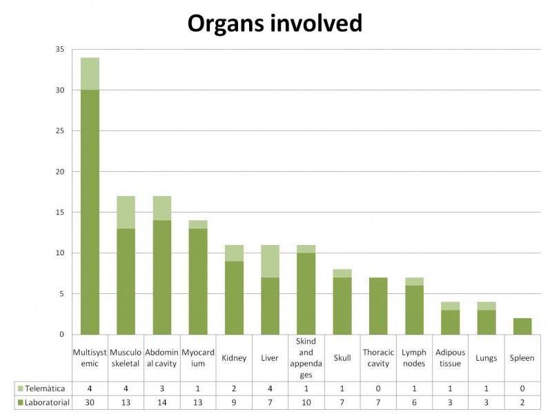 Organs breakdown of the received queries. The category of multisystemic includes, for example, samples to confirm Marek's disease, the majority of muscle/myocardium samples were submitted to rule out cysticercosis.