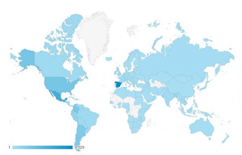 El top ten de países que visitan el blog incluye: España 9329 (23,46%), Mèxic5.649 (14,20%), Estados Unidos 2864 (7,20%), Colombia 2599 (6,54%), Argentina 2.302 (5,79%), Chile 1.568 (3,94%), Perú 1377 (3,46%), Ecuador 1.291 (3,25%), Reino Unido 878 (2,21%) y Brazil 600 (1, 51%). 